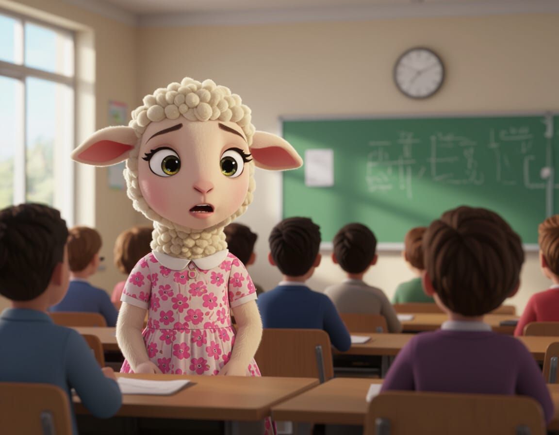 Anxious Lamb at School in Animated Style