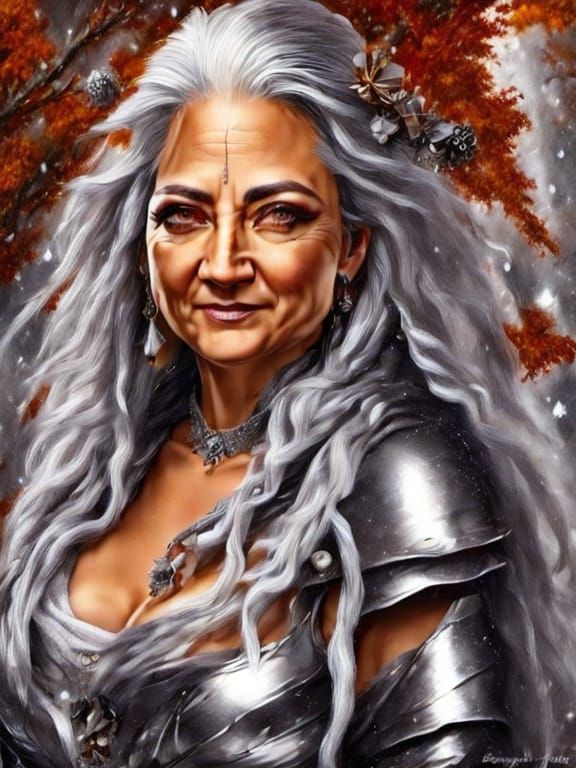 Elderly Woman Portrait in Cold November Rain