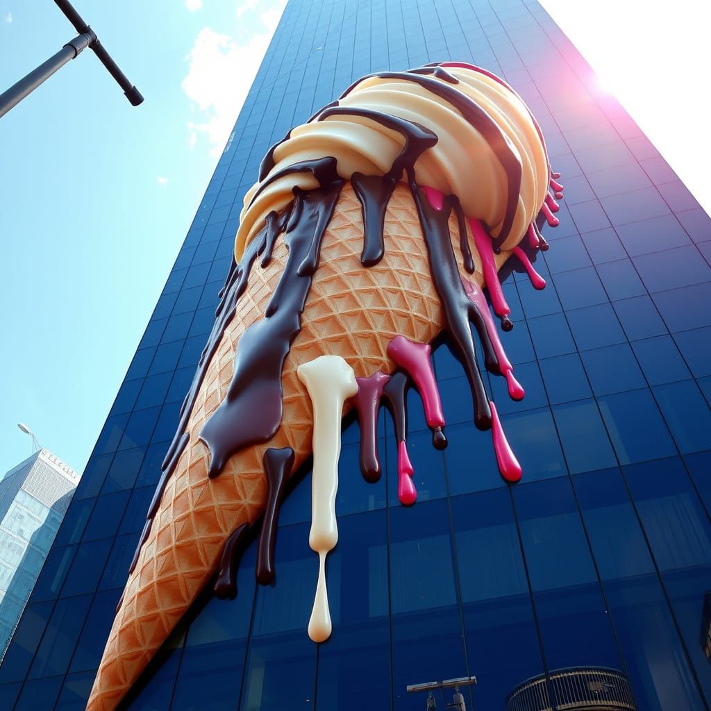 A giant ice cream cone melting down the side of a city skyscraper🍦✨