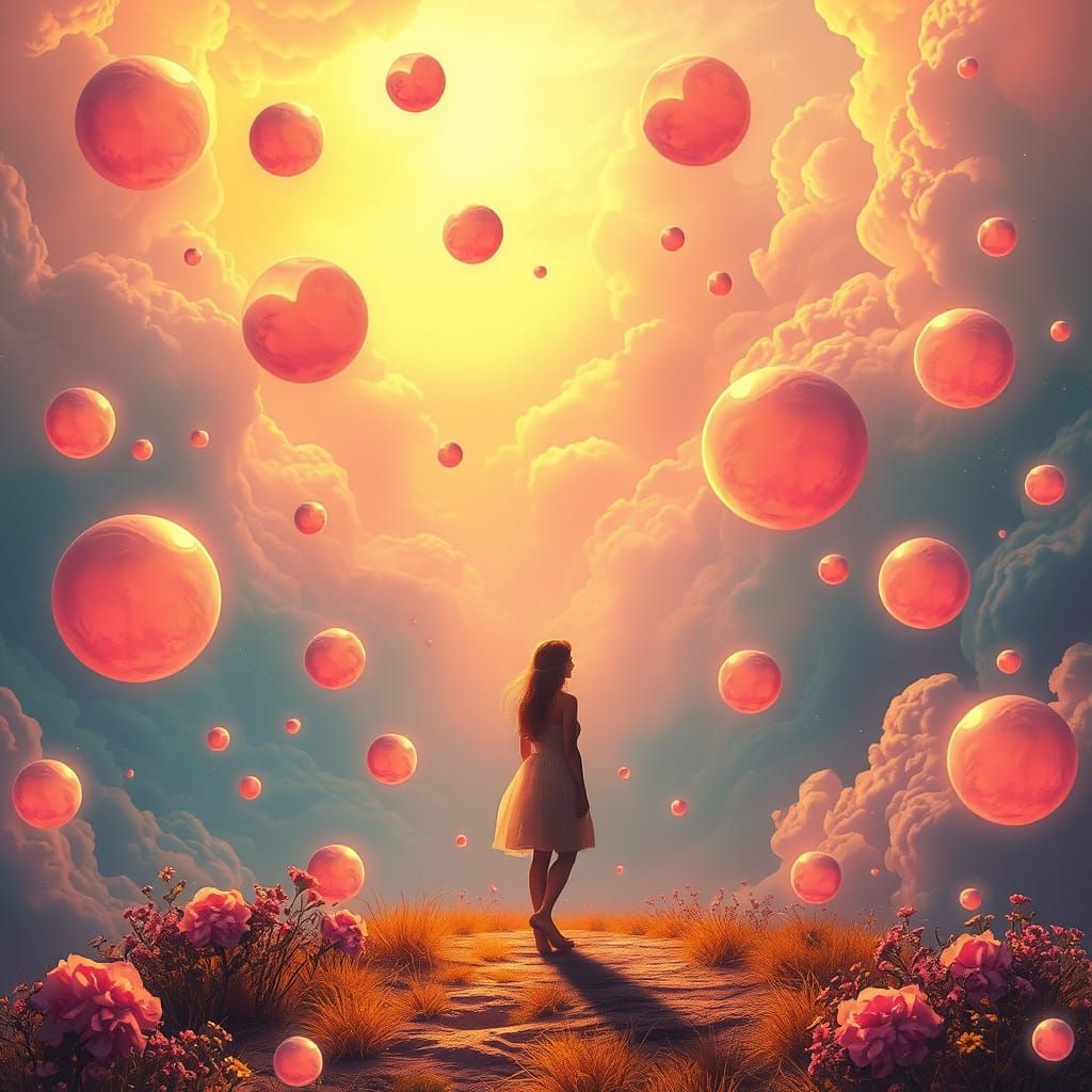 Surreal Dreamscape with Woman and Floating Memories