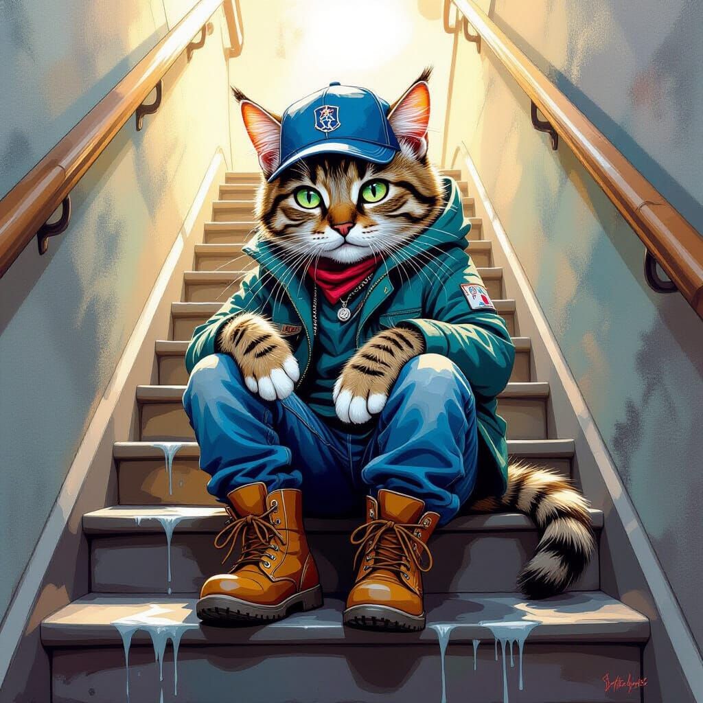 Sportive Cat on Stairs in Detailed Concept Art Style