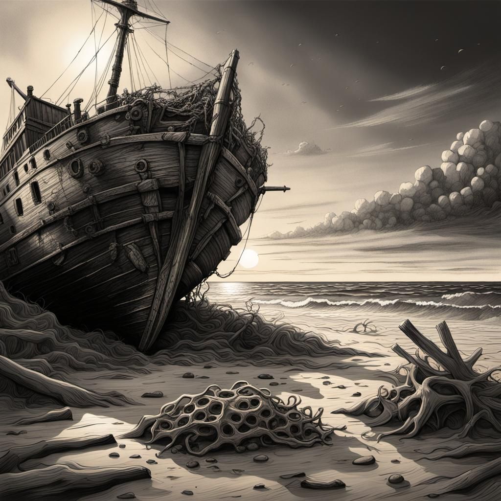 Ancient Shipwreck on Rocky Shore: Charcoal Drawing