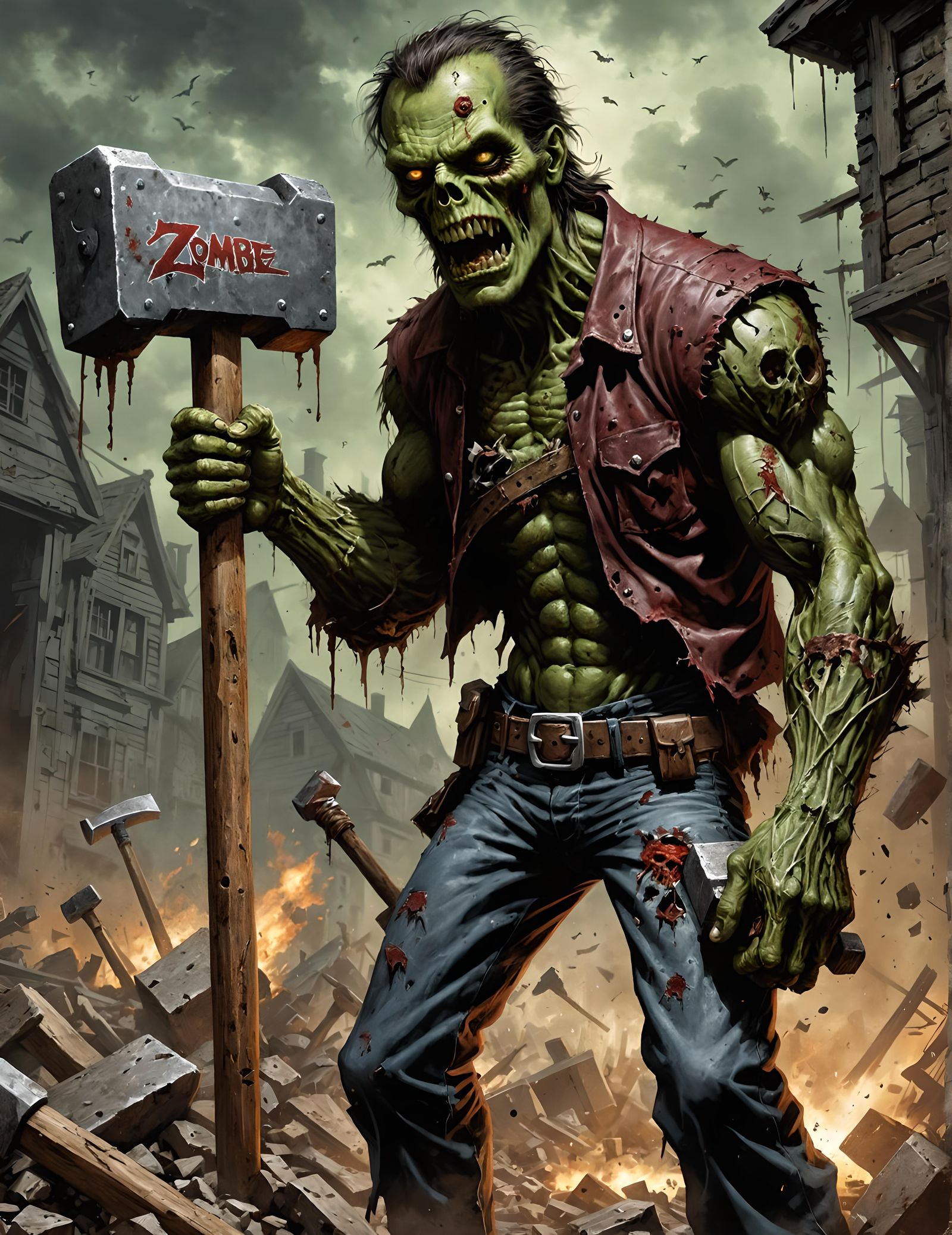 Zombie holding a sledgehammer (full zombie art from head to toe) By Simon Bisley, MTG, D&D, digital art, hyperdetailed, ...