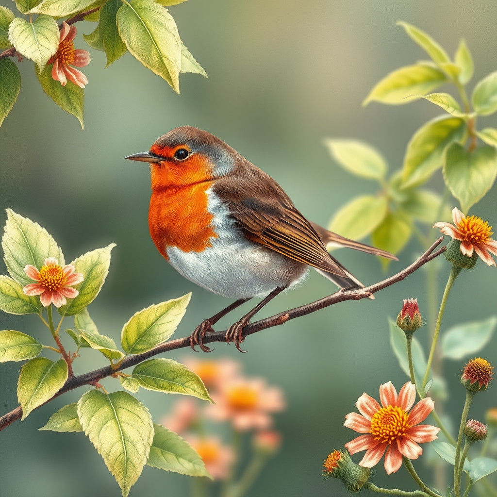 Robin in Whimsical Botanical Illustration Style