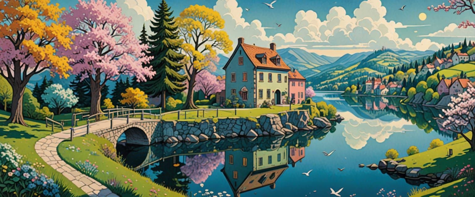 Spring Lake Village in Naive Folk Art Style