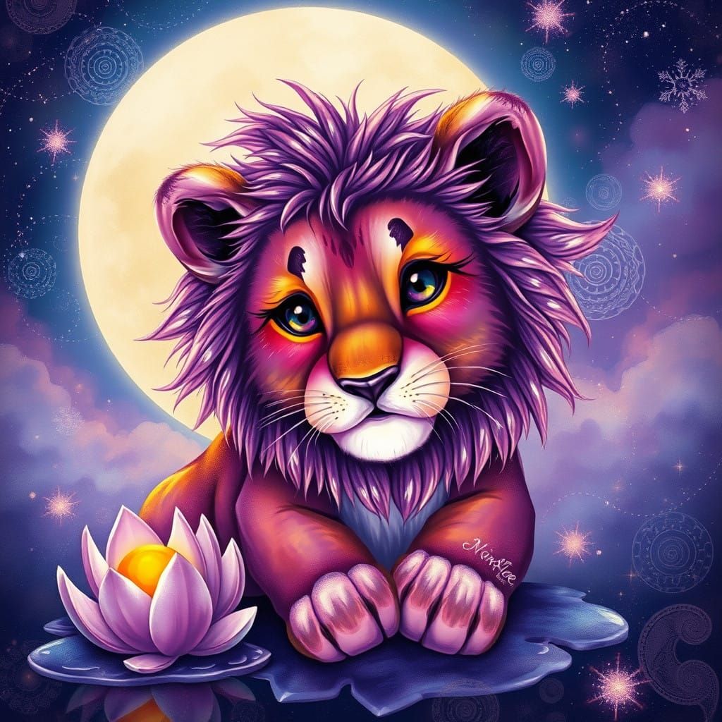Enchanted Lion Cub in Whimsical Cosmic Landscape