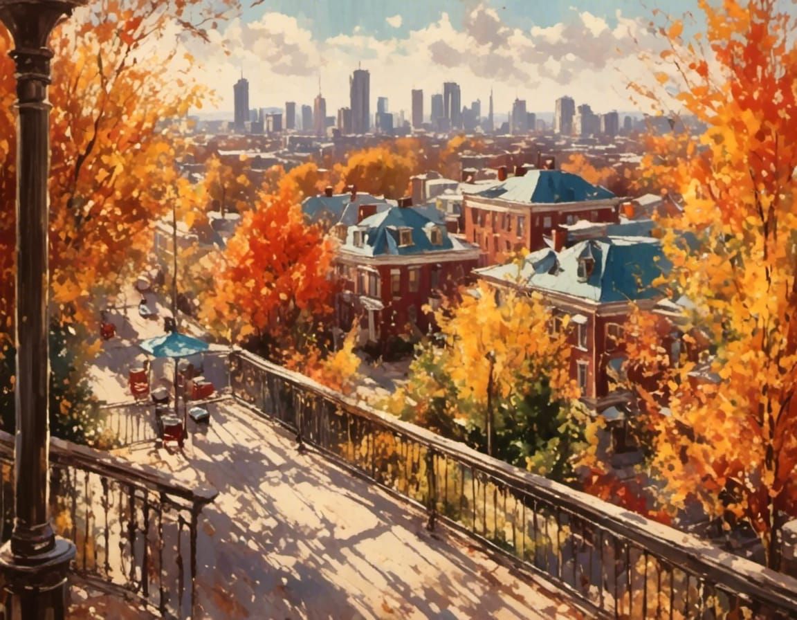 Watercolor City View on Balcony in Retro Style