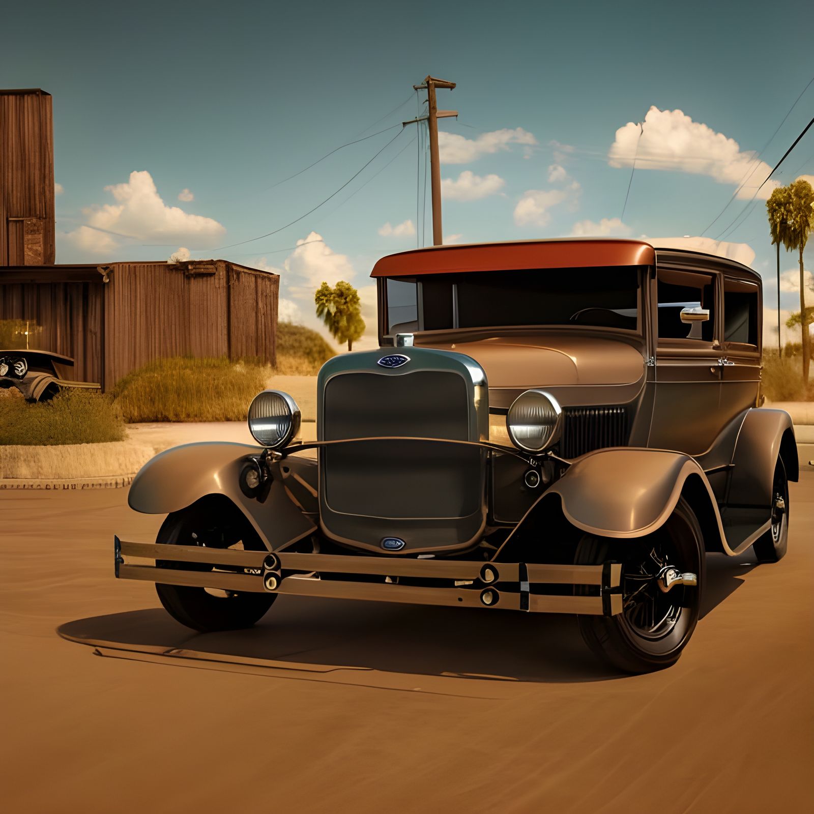 Classic Ford in Western Town: Detailed Matte Painting