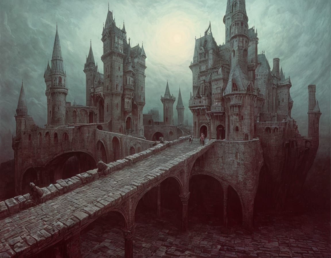 Surreal Castle with Drawbridges in Dreamlike Landscape
