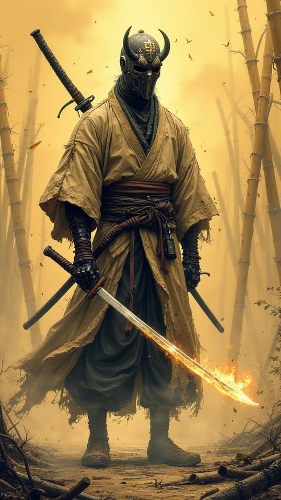 Cyberpunk Ronin Warrior in Tattered Kung Fu Robe with Blazin...