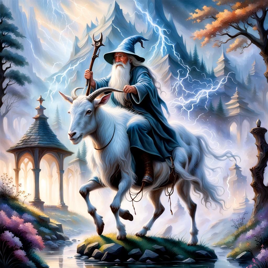 Gandalf Does Goat Yoga: Ethereal Fantasy Scene
