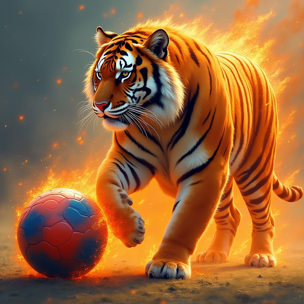 Vibrant Tiger in Dynamic Pose with Blazing Soccer Ball
