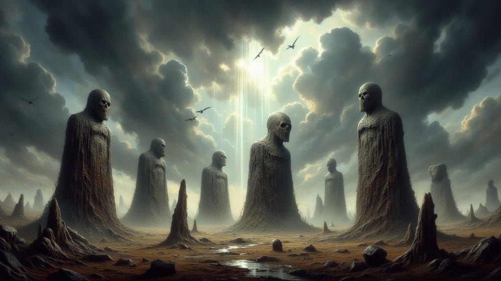 Petrified Giants on Desolate Plain in Epic 3D Style