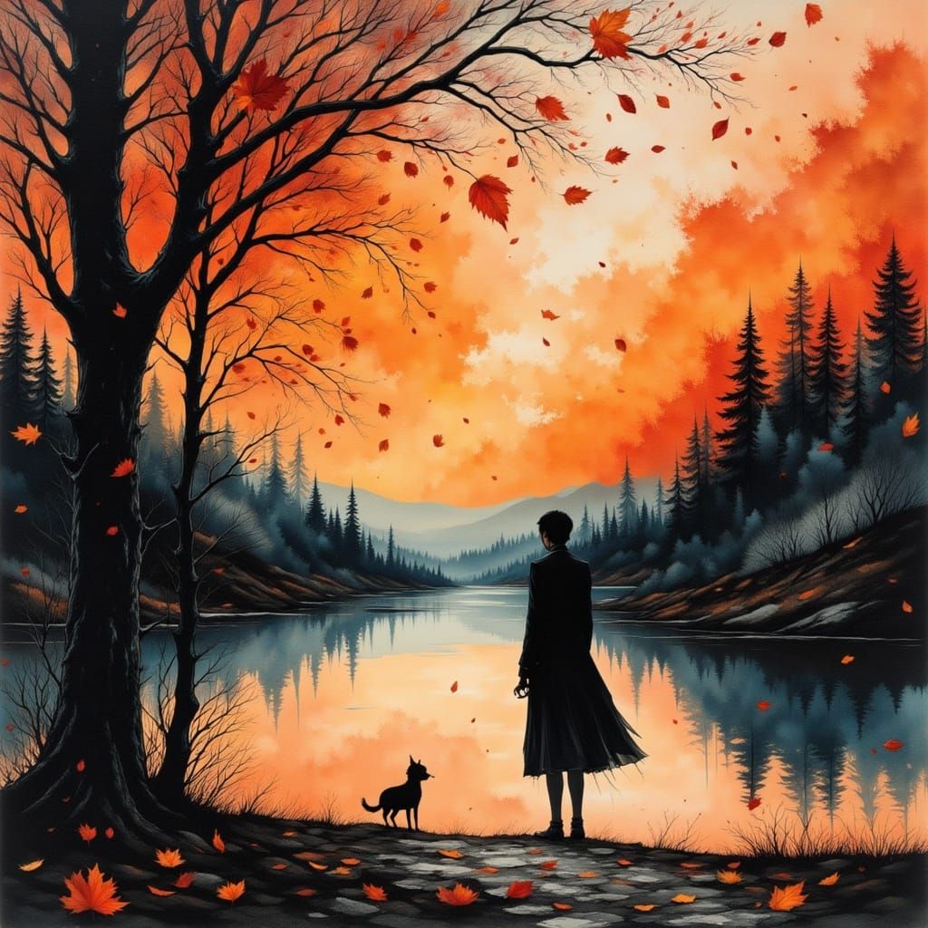 Solitary Falling Leaf in Burnt Orange Watercolour Collage