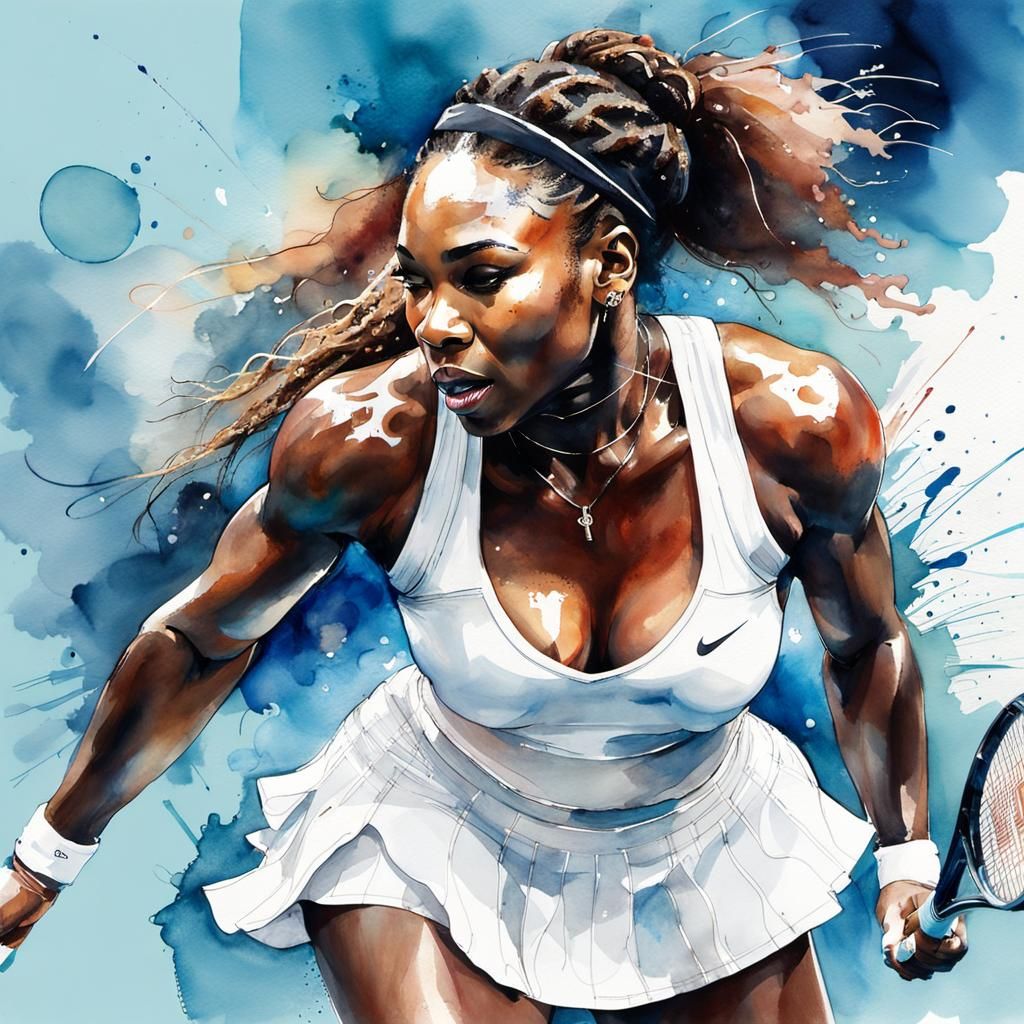 Serena Williams in Watercolor and Ink Tennis Match