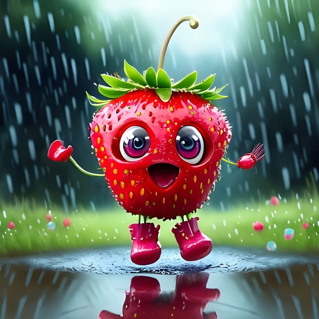 Strawberry in Galoshes on a Rainy Day