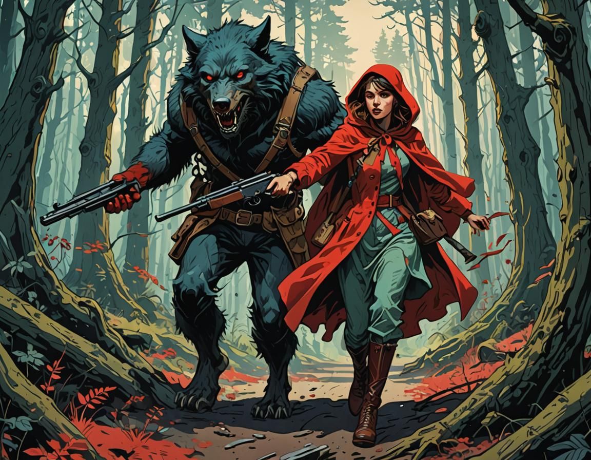 Red Riding Hood and Werewolf Attack in Retrofuturism Style