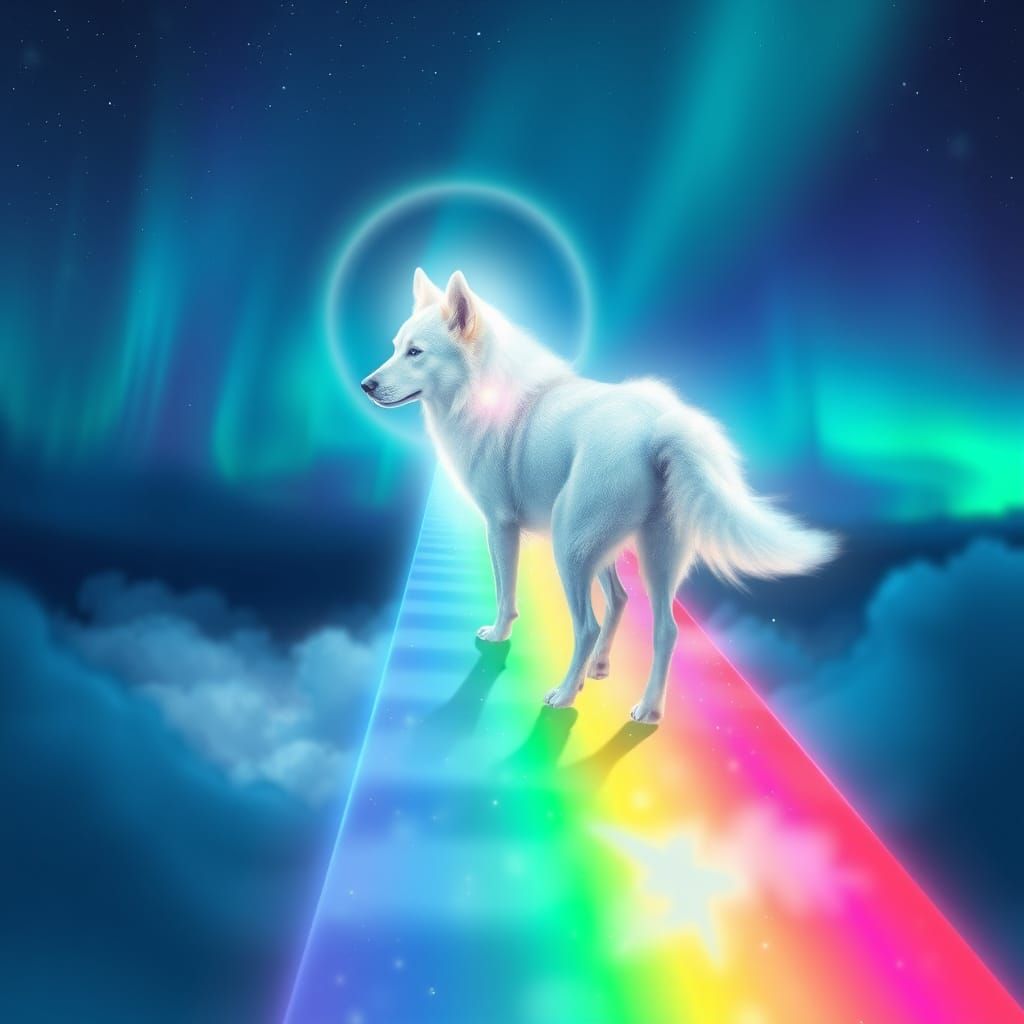 A spirit dog crossing an ethereal rainbow bridge to get to t...