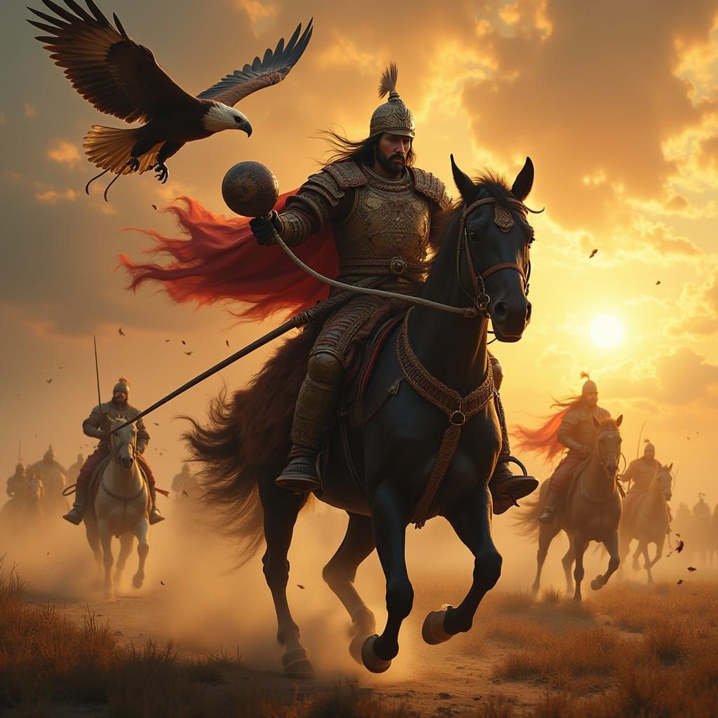Mongolian Warrior Emperor on a Galloping Black Warhorse