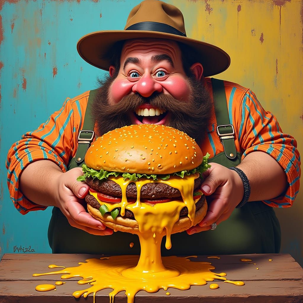 Vibrant Gentleman Devours Gargantuan Cheeseburger in Playful...