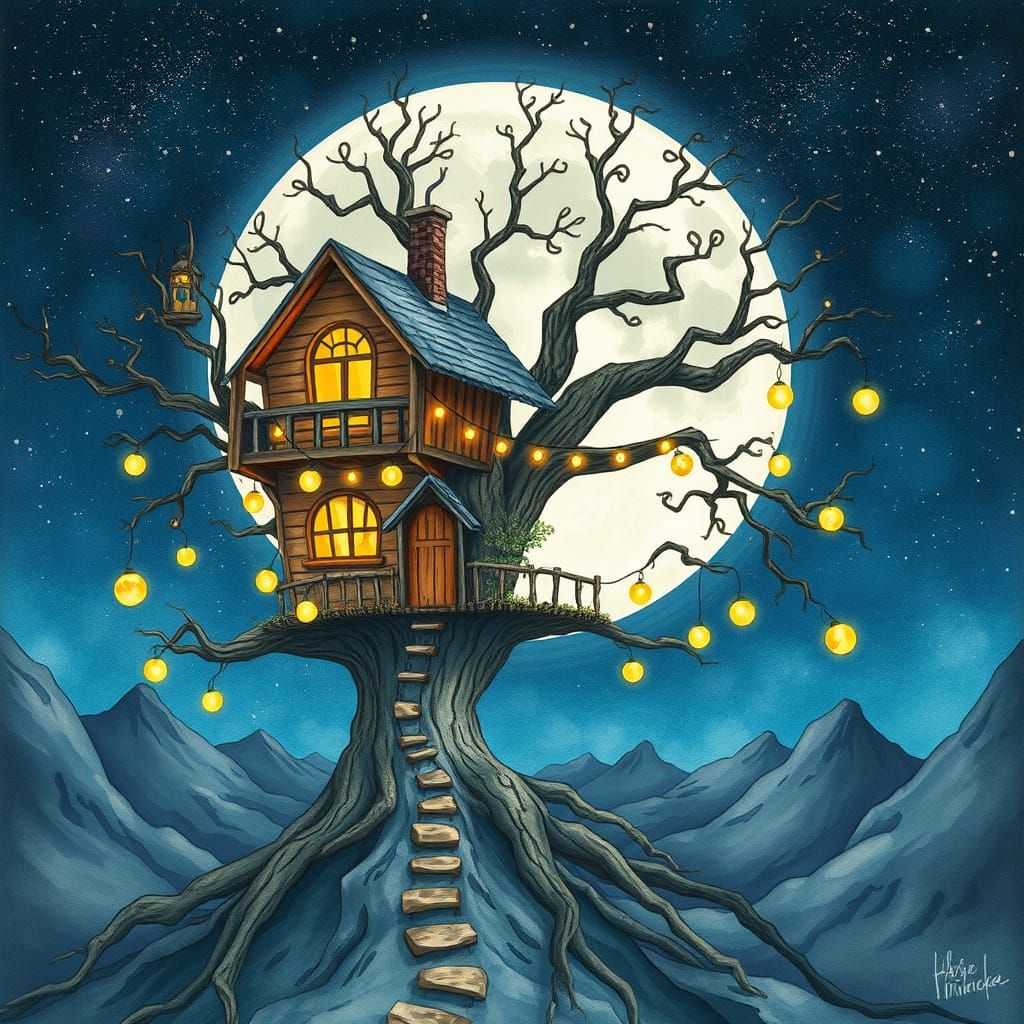 Whimsical Treehouse in a Glowing Lunar Landscape