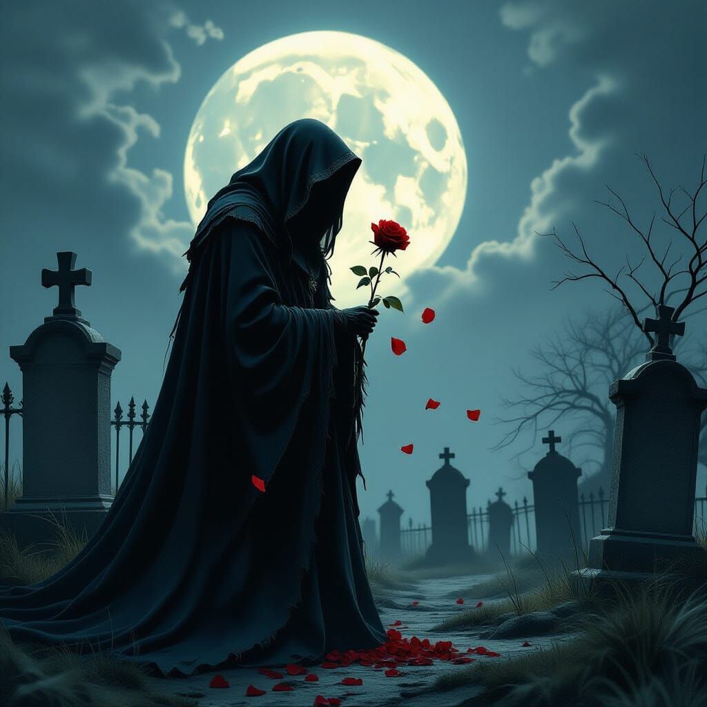 Grim Reaper With Dying Rose in Moonlit Graveyard