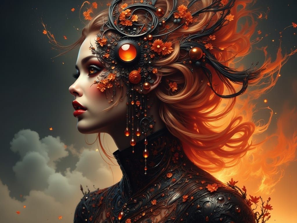 Woman in Thought with Fiery Sky: Dark Fantasy Portrait