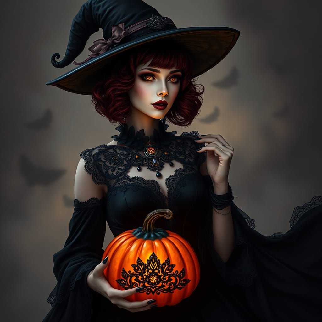 Gothic Woman with Pumpkin in Dark Fantasy Style