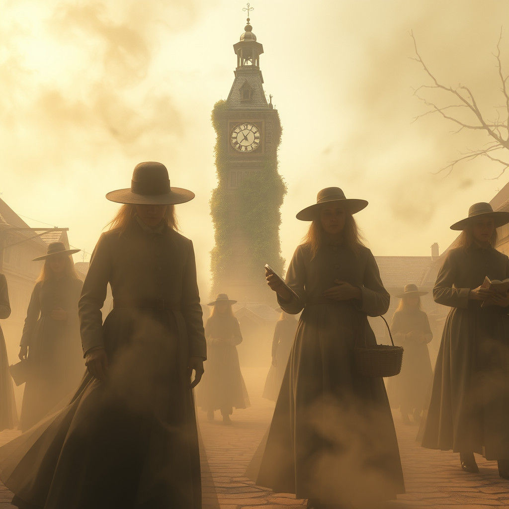 Ghostly Villagers Dissolving into Mist, Surreal Art