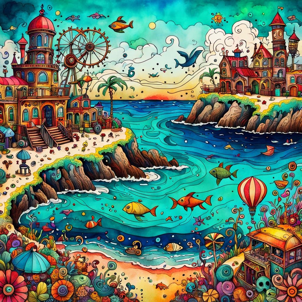 Whimsical Seaside Doodle Scene with Claymation Figures