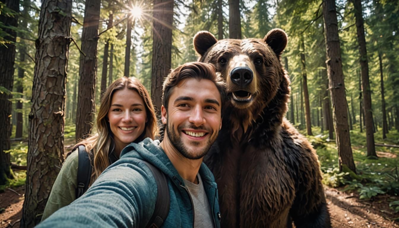 Photorealistic Selfie: Couple and Curious Forest Bear