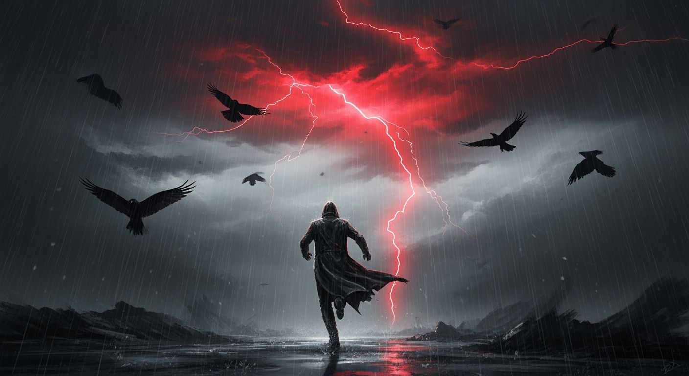Figure Running Through Red Lightning Storm