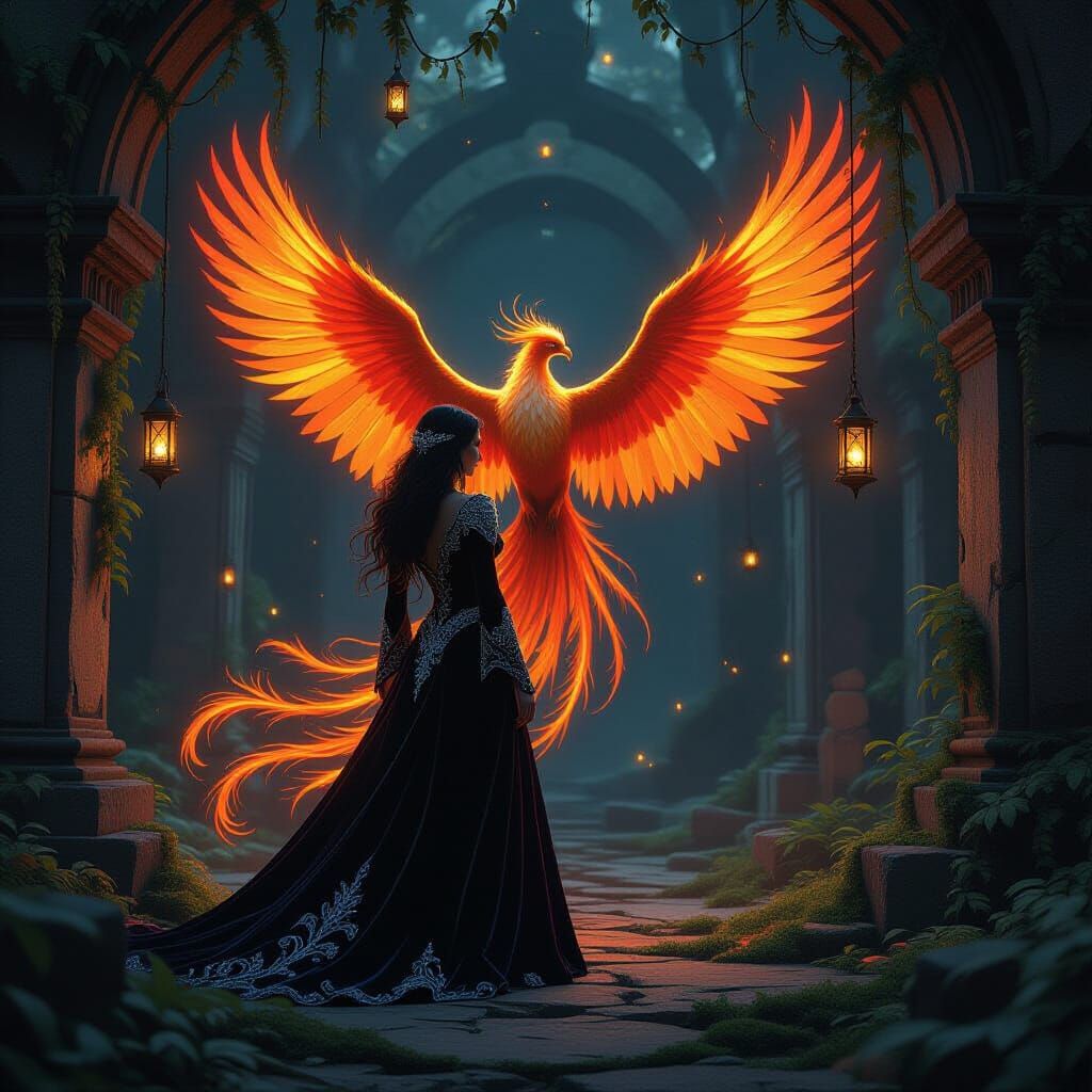 Sorceress and Phoenix in Crumbling Temple