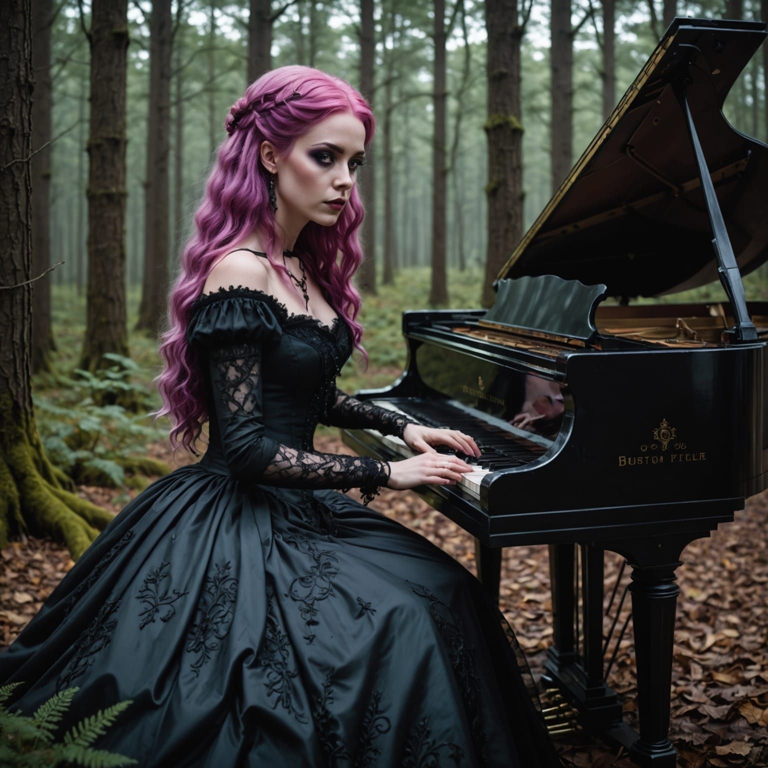 Gothic Beauty Plays Piano in Enchanted Forest, Inspired by T...