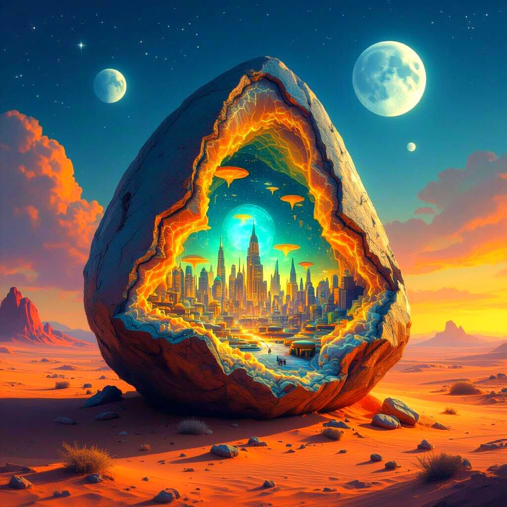 Miniature Metropolis Inside Crystal Geode