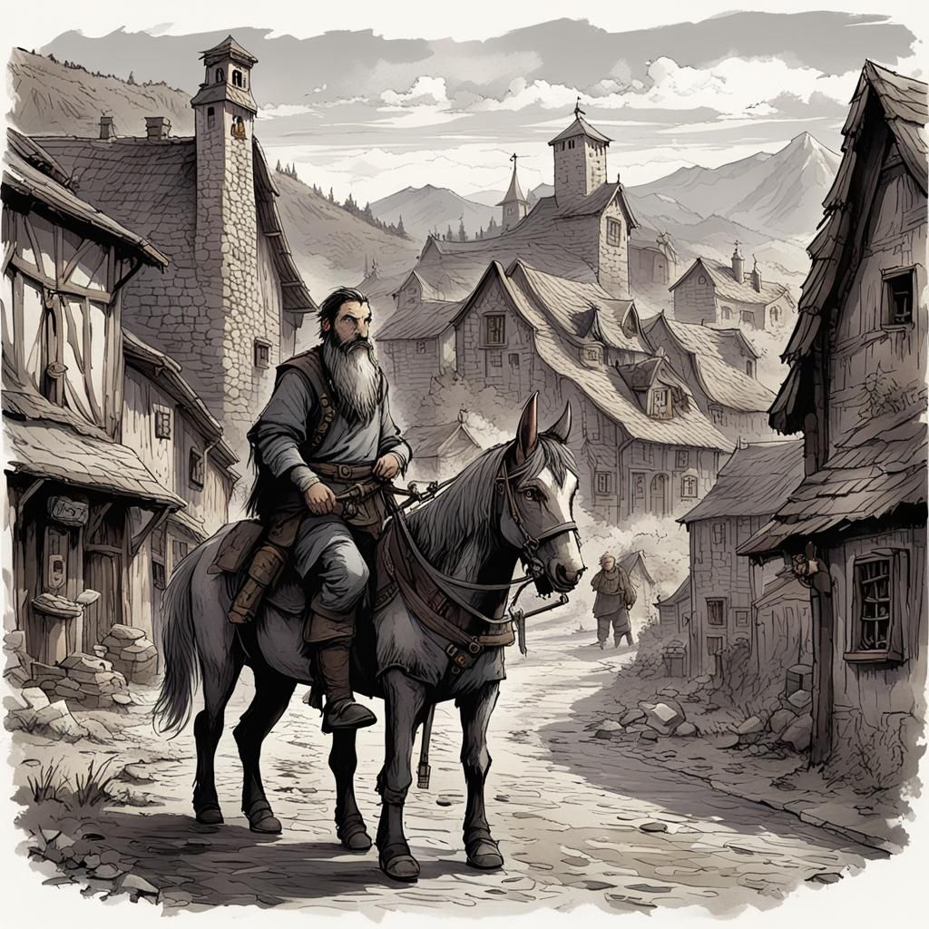 Traveler Arrives in Medieval Village at Dusk