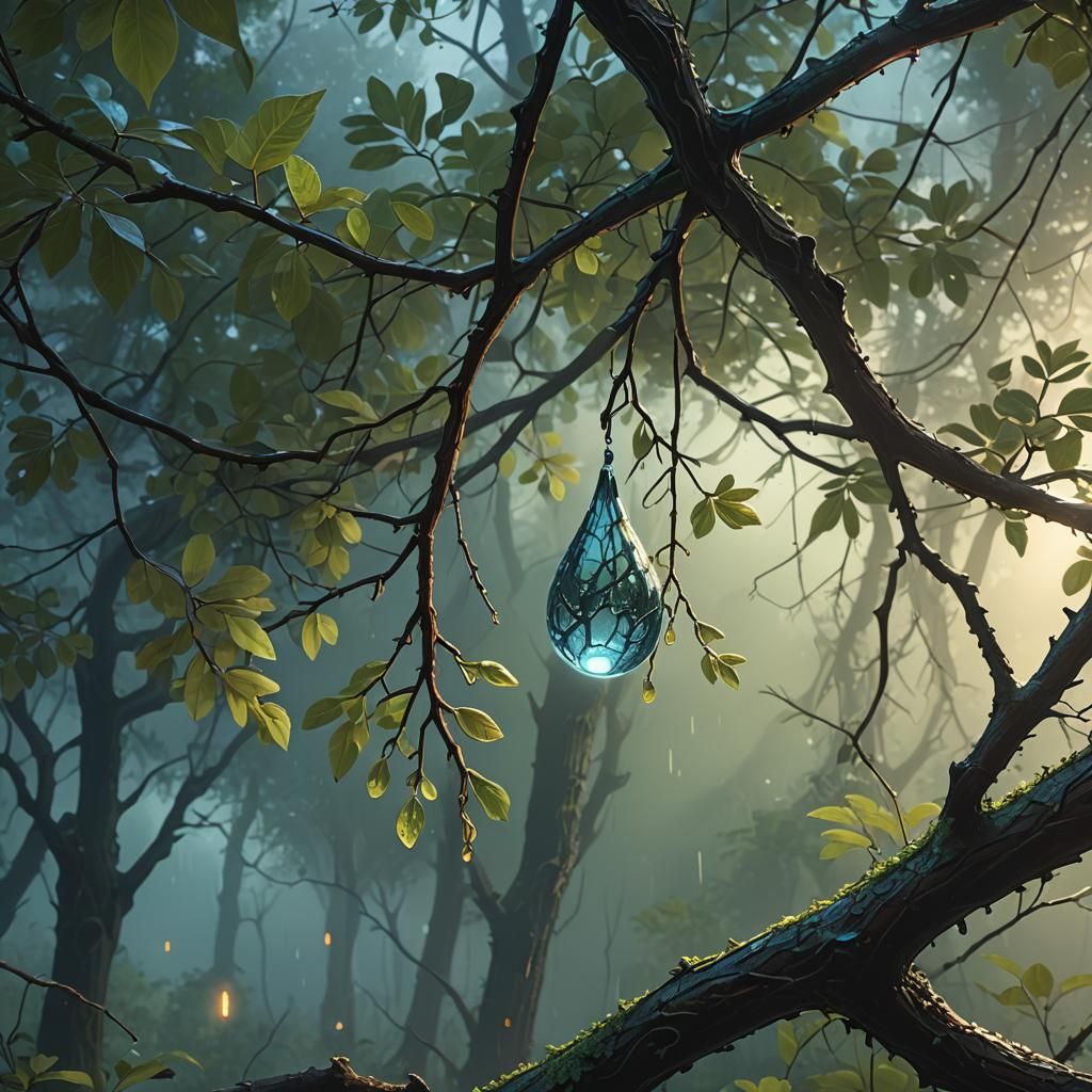 Glowing Raindrop on Mystical Tree: Fantasy Matte Painting