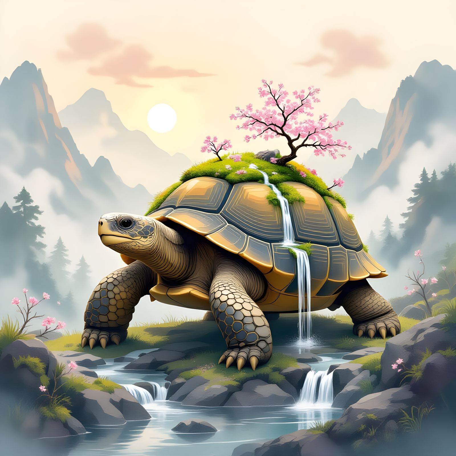 Giant Tortoise With Ecosystem Wanders Misty Mountains