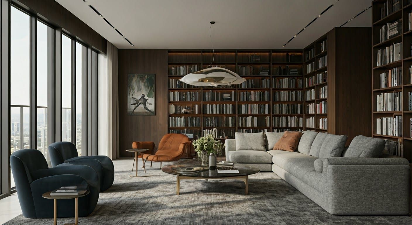 Modern Living Room with Library in Contemporary Style