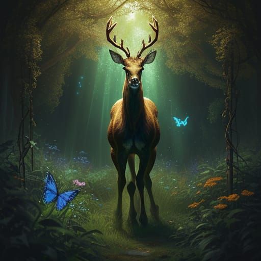 Ethereal Dire Deer Goddess in a Golden Garden Paradise