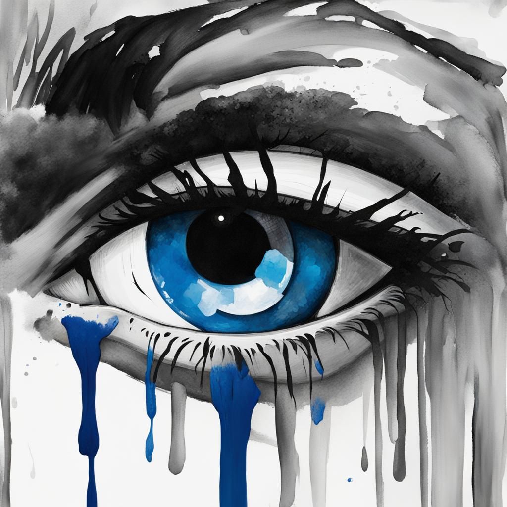 Eye Crying Blue Tears as Gouache Watercolor Painting