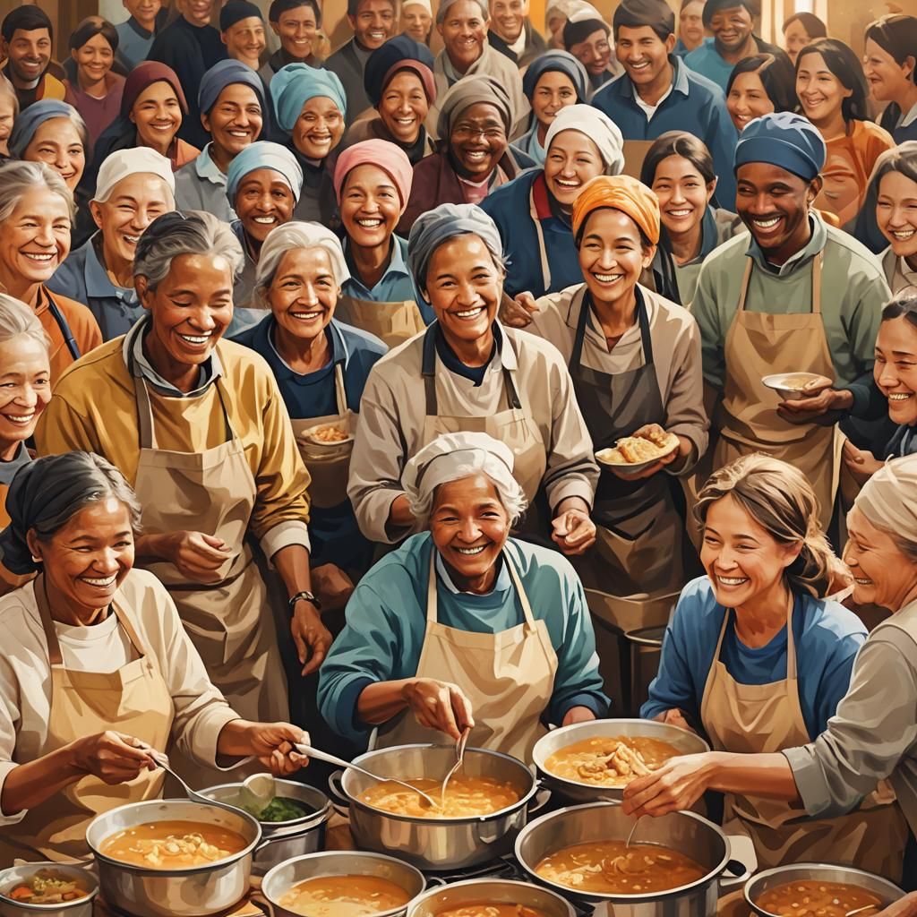 Volunteers Distributing Food in Heartwarming Digital Art