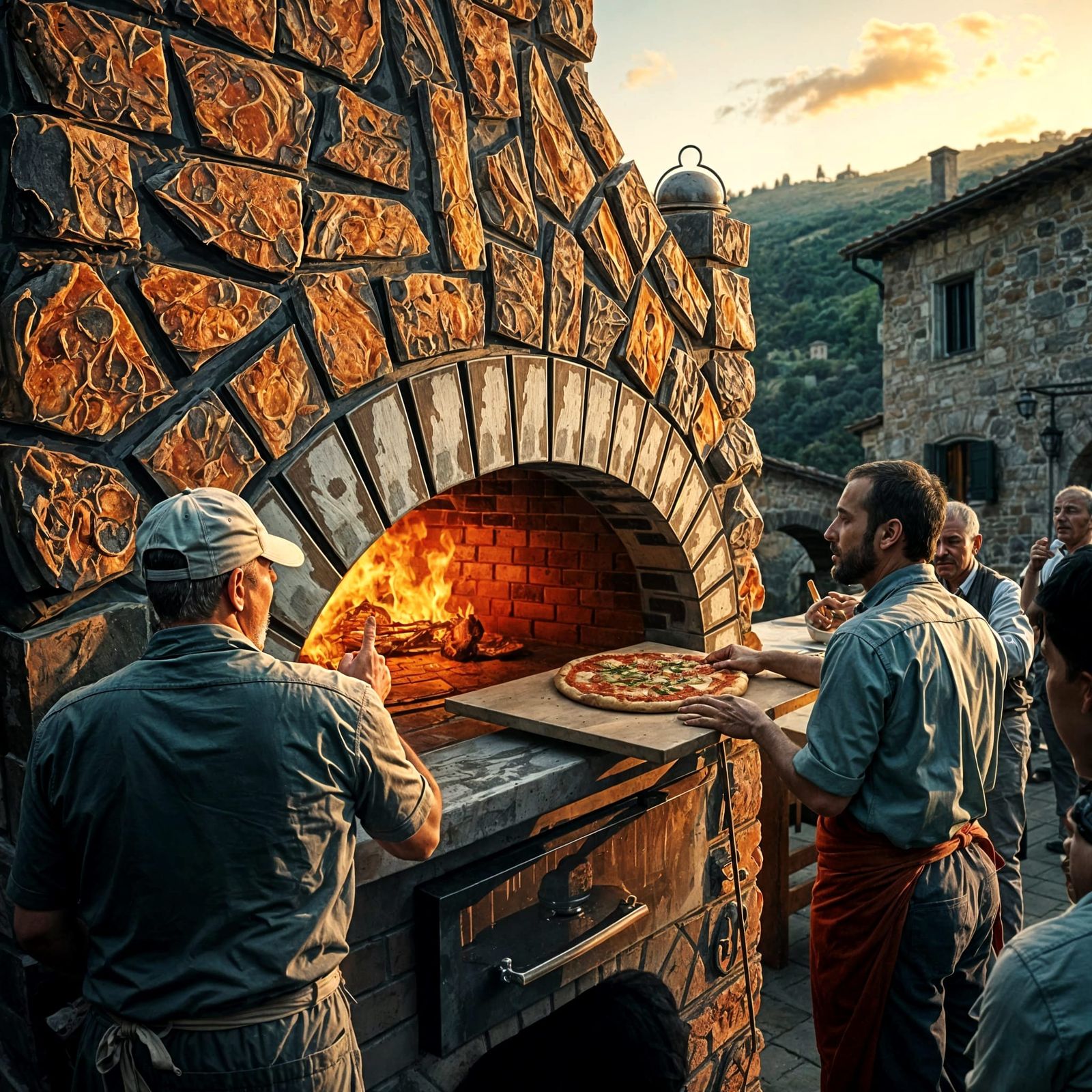 Italian Pizza Oven Scene in Art Nouveau Style
