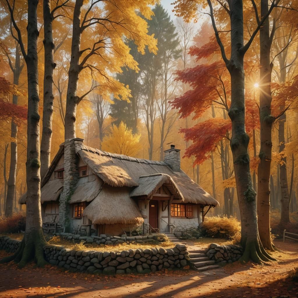 Cozy Thatched Cottage in Autumn Forest: Realistic Photograph...