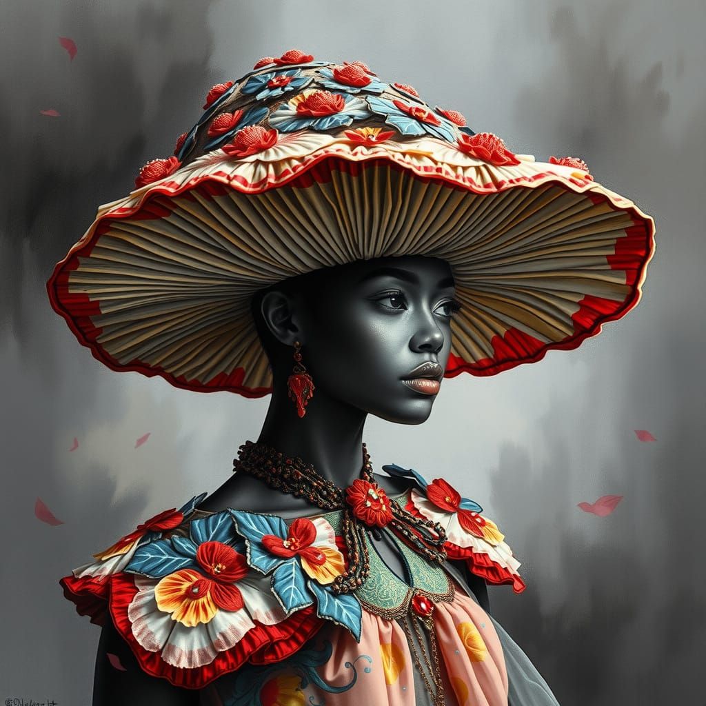 Exquisite Mushroom Hat Portrait in Impressionist Style