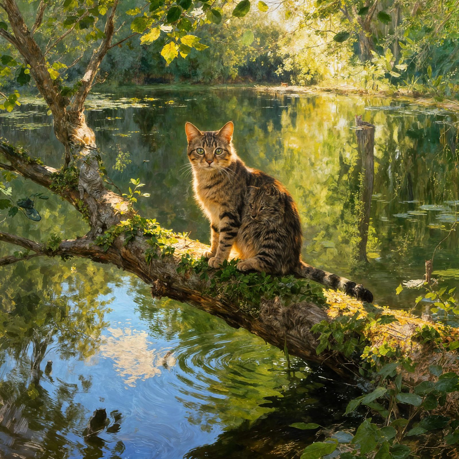 Cat sitting on a branch overlooking a pond oil painting by James Gurney
