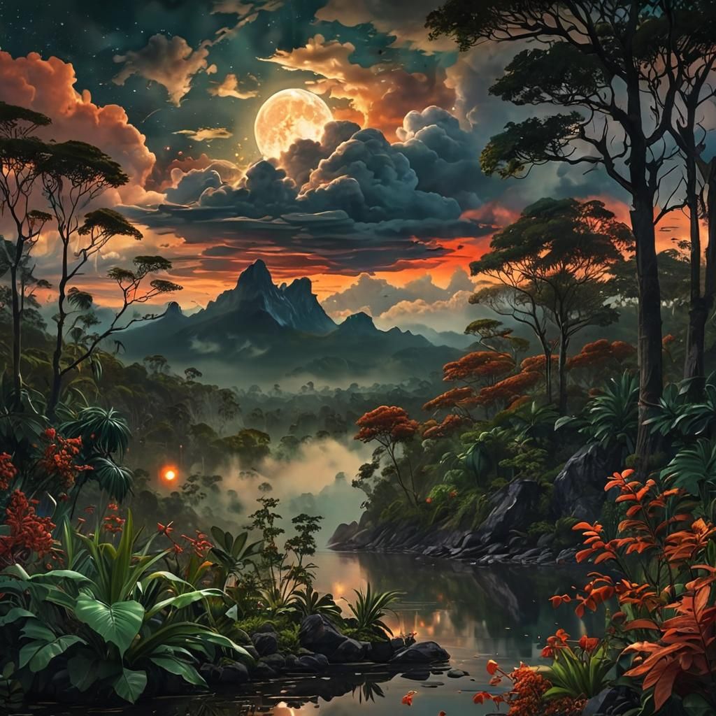 Mystical Rainforest Sunset with Blood Moon