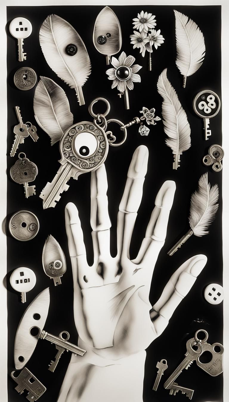 Surreal Crayon Drawing: Gothic Keys and Rainbow Fairy