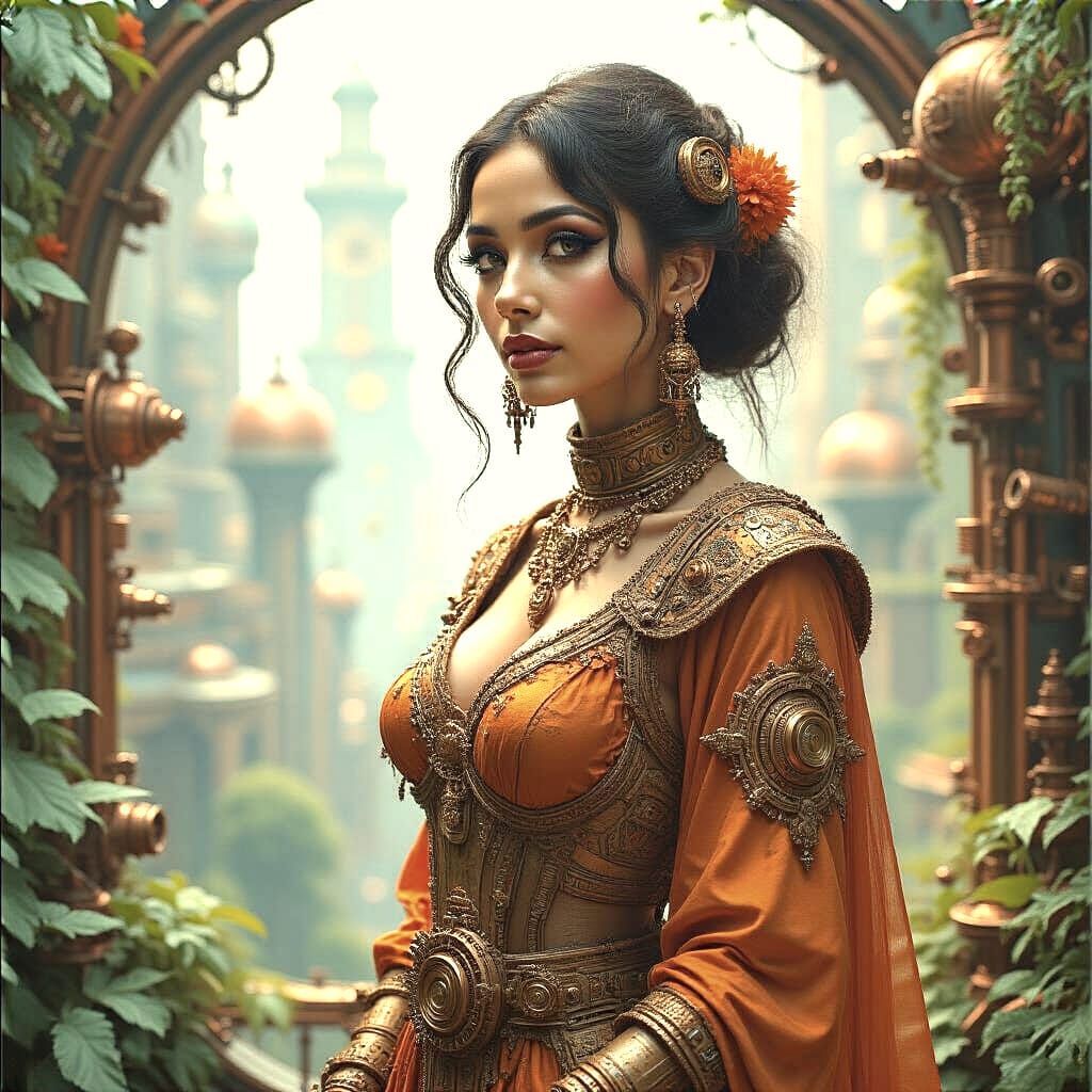 Steampunk Woman in Utopian Metropolis Acrylic Painting