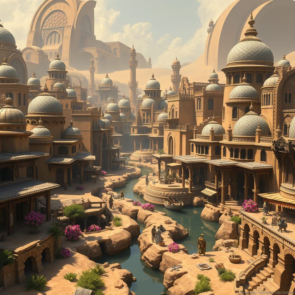 Fantasy Desert Metropolis with Majestic Architecture